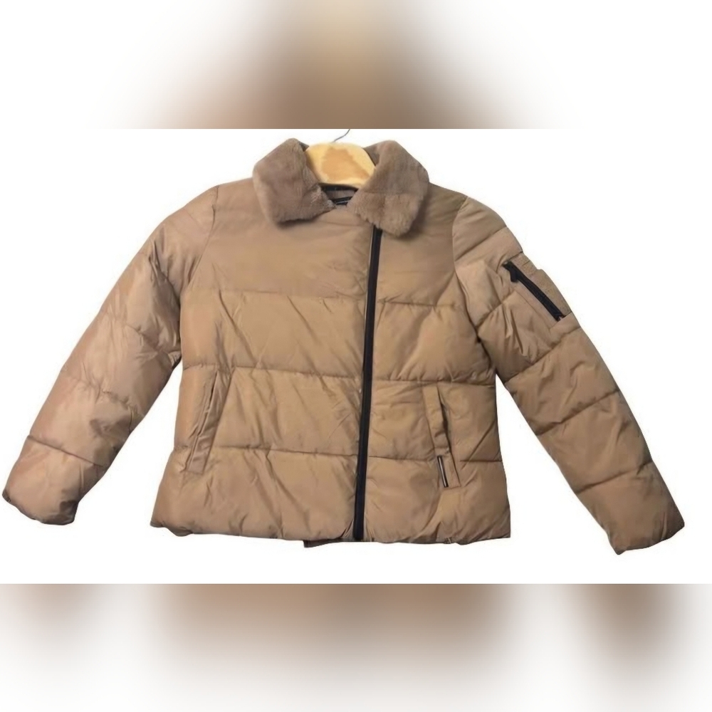 French Connection Tan‎ Puffer Jacket with Faux Fur Collar NWT